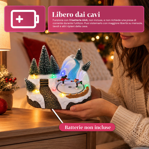 Svítící vánoční vesnička s otočným prvkem, LED světly a hudbou – 3 varianty: stromek, Santa Claus, děti – 17x14x15 cm