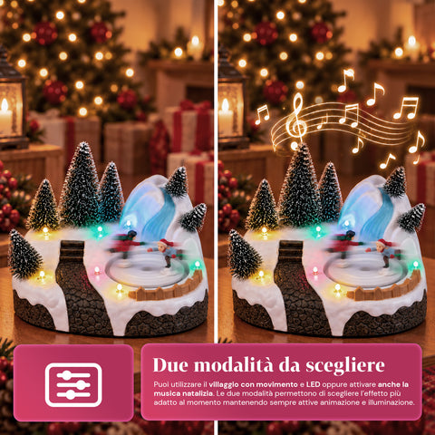 Svítící vánoční vesnička s otočným prvkem, LED světly a hudbou – 3 varianty: stromek, Santa Claus, děti – 17x14x15 cm