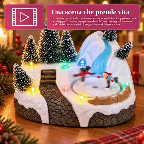 Svítící vánoční vesnička s otočným prvkem, LED světly a hudbou – 3 varianty: stromek, Santa Claus, děti – 17x14x15 cm