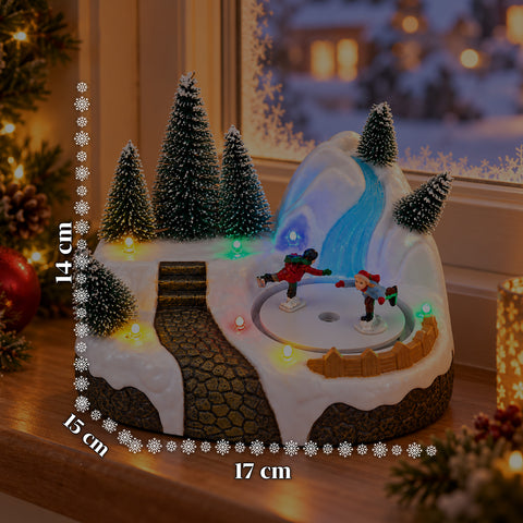 Svítící vánoční vesnička s otočným prvkem, LED světly a hudbou – 3 varianty: stromek, Santa Claus, děti – 17x14x15 cm