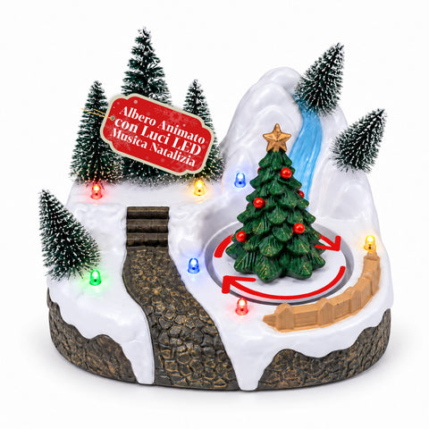 Svítící vánoční vesnička s otočným prvkem, LED světly a hudbou – 3 varianty: stromek, Santa Claus, děti – 17x14x15 cm