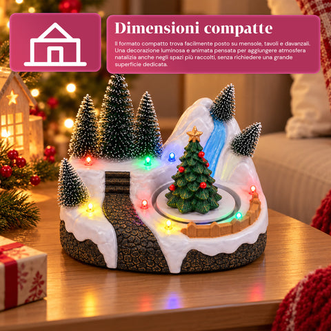 Svítící vánoční vesnička s otočným prvkem, LED světly a hudbou – 3 varianty: stromek, Santa Claus, děti – 17x14x15 cm