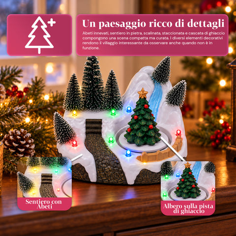 Svítící vánoční vesnička s otočným prvkem, LED světly a hudbou – 3 varianty: stromek, Santa Claus, děti – 17x14x15 cm
