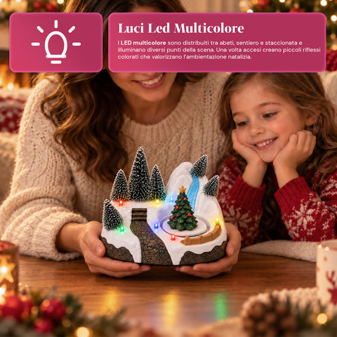 Svítící vánoční vesnička s otočným prvkem, LED světly a hudbou – 3 varianty: stromek, Santa Claus, děti – 17x14x15 cm