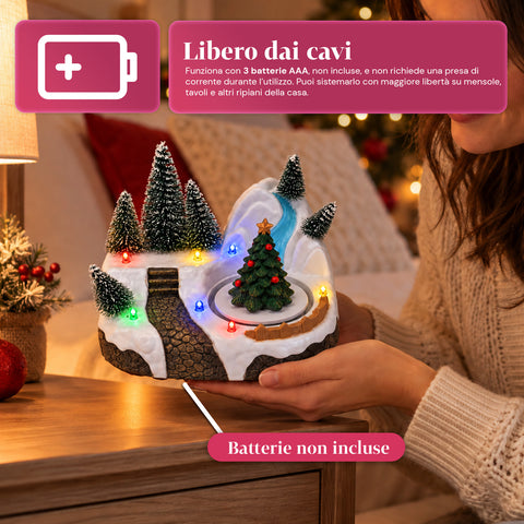 Svítící vánoční vesnička s otočným prvkem, LED světly a hudbou – 3 varianty: stromek, Santa Claus, děti – 17x14x15 cm