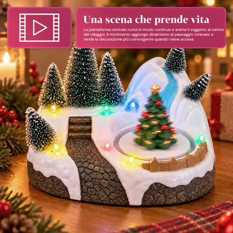 Svítící vánoční vesnička s otočným prvkem, LED světly a hudbou – 3 varianty: stromek, Santa Claus, děti – 17x14x15 cm