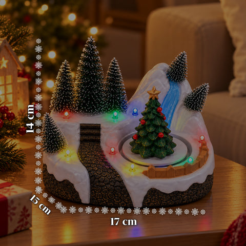 Svítící vánoční vesnička s otočným prvkem, LED světly a hudbou – 3 varianty: stromek, Santa Claus, děti – 17x14x15 cm