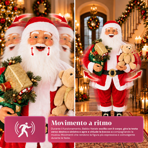 Tančící Santa Claus 150 cm s hudbou, zpěvem a pohybem - vánoční dekorace do interiéru s tlačítkem, základna 38 cm, červená