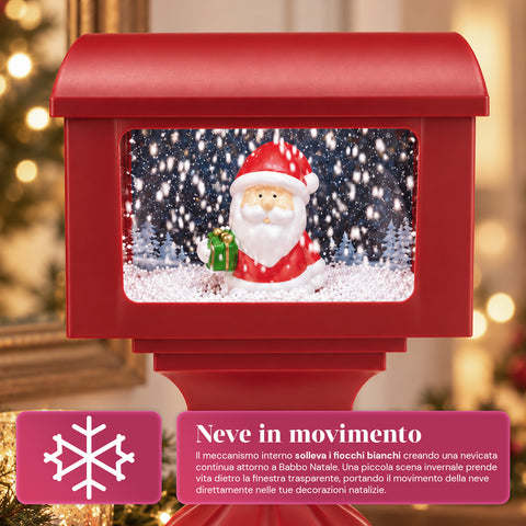 Dekorační vánoční lucerna ve tvaru poštovní schránky se sněhovým efektem, LED světly a hudbou, 2 varianty: Santa Claus nebo medvídek, výška 41 cm, napájení bateriemi