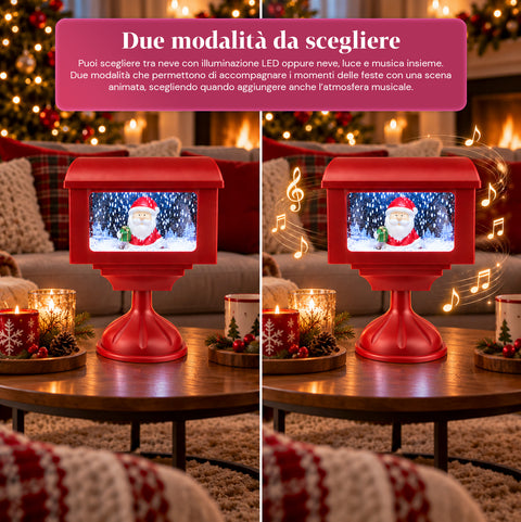 Dekorační vánoční lucerna ve tvaru poštovní schránky se sněhovým efektem, LED světly a hudbou, 2 varianty: Santa Claus nebo medvídek, výška 41 cm, napájení bateriemi