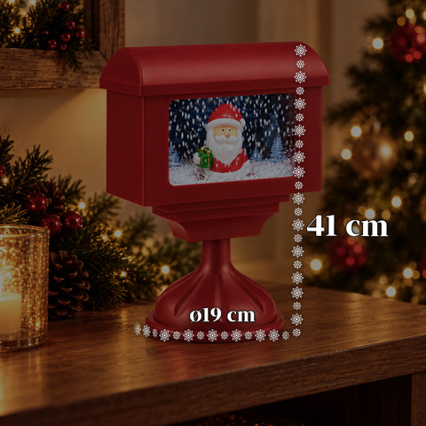 Dekorační vánoční lucerna ve tvaru poštovní schránky se sněhovým efektem, LED světly a hudbou, 2 varianty: Santa Claus nebo medvídek, výška 41 cm, napájení bateriemi