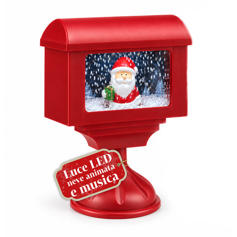 Dekorační vánoční lucerna ve tvaru poštovní schránky se sněhovým efektem, LED světly a hudbou, 2 varianty: Santa Claus nebo medvídek, výška 41 cm, napájení bateriemi