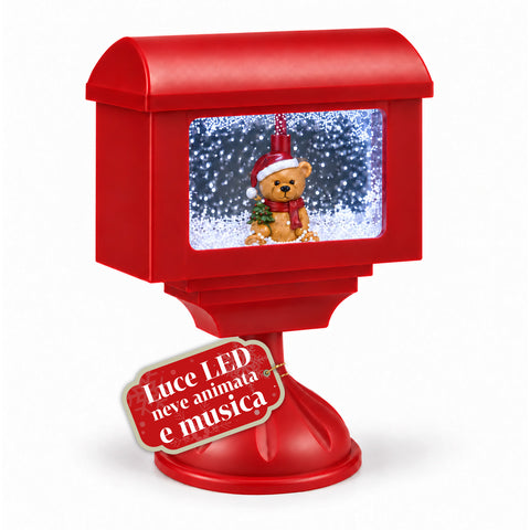 Dekorační vánoční lucerna ve tvaru poštovní schránky se sněhovým efektem, LED světly a hudbou, 2 varianty: Santa Claus nebo medvídek, výška 41 cm, napájení bateriemi