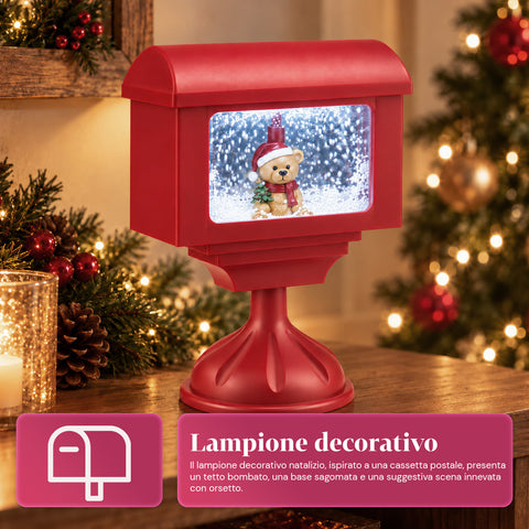 Dekorační vánoční lucerna ve tvaru poštovní schránky se sněhovým efektem, LED světly a hudbou, 2 varianty: Santa Claus nebo medvídek, výška 41 cm, napájení bateriemi