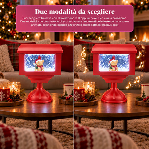 Dekorační vánoční lucerna ve tvaru poštovní schránky se sněhovým efektem, LED světly a hudbou, 2 varianty: Santa Claus nebo medvídek, výška 41 cm, napájení bateriemi