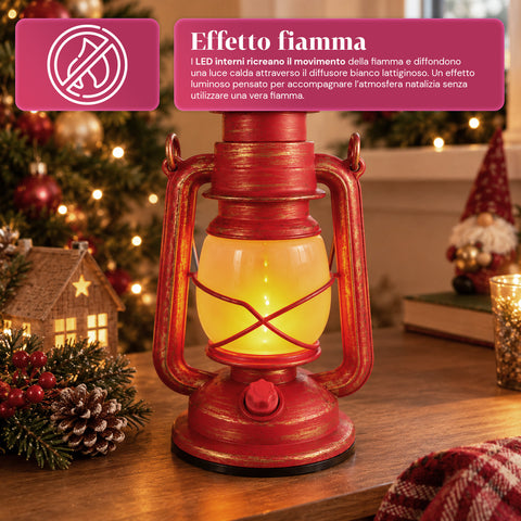 Červená vánoční LED lucerna s efektem plamene a vánoční hudbou, háčkem na zavěšení a zlatými detaily, dekorace 15x11x25 cm