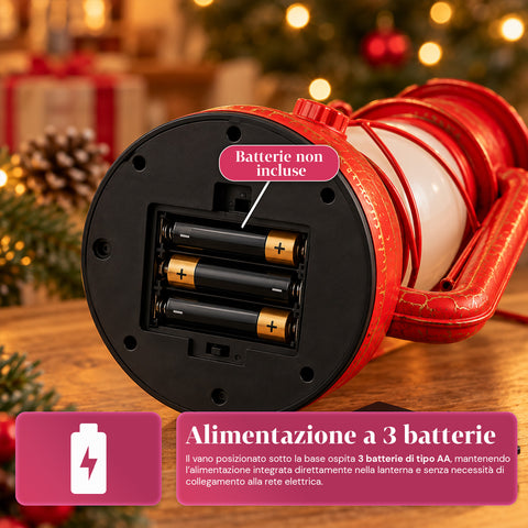 Červená vánoční LED lucerna s efektem plamene a vánoční hudbou, háčkem na zavěšení a zlatými detaily, dekorace 15x11x25 cm