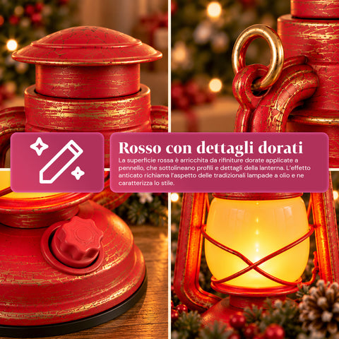 Červená vánoční LED lucerna s efektem plamene a vánoční hudbou, háčkem na zavěšení a zlatými detaily, dekorace 15x11x25 cm