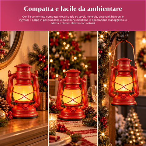 Červená vánoční LED lucerna s efektem plamene a vánoční hudbou, háčkem na zavěšení a zlatými detaily, dekorace 15x11x25 cm