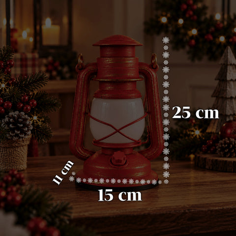 Červená vánoční LED lucerna s efektem plamene a vánoční hudbou, háčkem na zavěšení a zlatými detaily, dekorace 15x11x25 cm