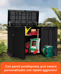 Baule da giardino con pareti predisposte per ripiani aggiuntivi, personalizzabile per organizzazione ottimale attrezzi
