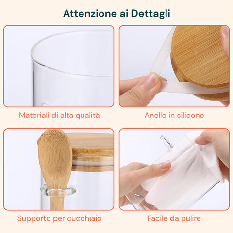 Barattoli Ermetici in Vetro 500ml con Cucchiaio e Supporto, Confezione da 3