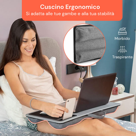 Vassoio da letto Avilia con cuscino ergonomico morbido e traspirante, si adatta alle gambe per massima stabilità e comfort