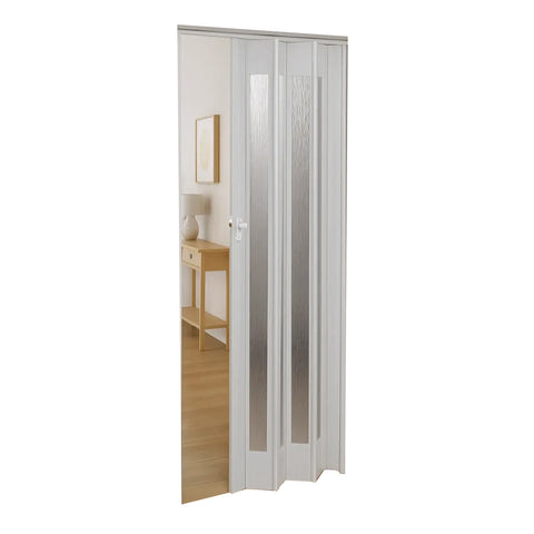Bílé skládací dveře 85x215 cm z PVC s vložkami z PS a zámkem na klíč