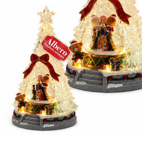 Svítící vánoční stromeček JoyTree s hudbou a 360° animací, LED světly, scénou s medvídky a louskáčky, duálním napájením USB, 32,5 cm