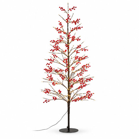 Světelný strom s červenými bobulemi 150 cm, 635 LED v teplé bílé