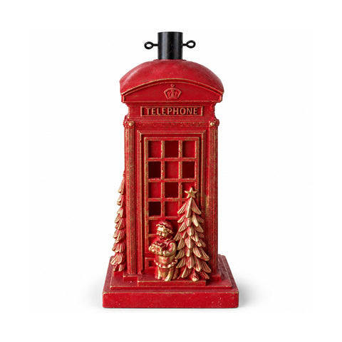 Stojan na vánoční stromek ve tvaru anglické telefonní budky s LED osvětlením, zlatými figurkami Santa Clause a stromečkem, univerzálním otvorem 4 cm, pro kmeny do 180 cm