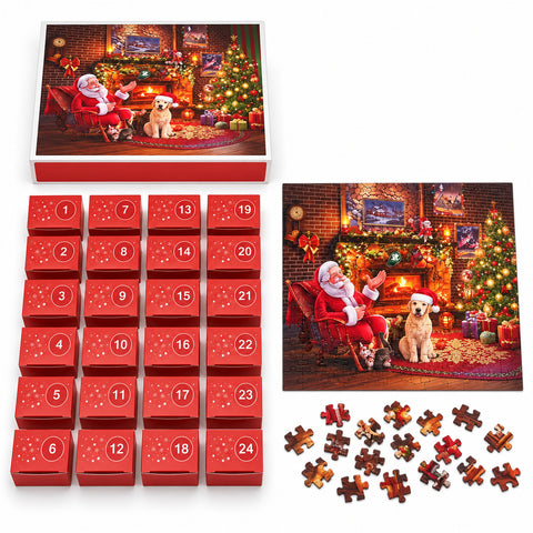 Adventní kalendář s puzzle 1008 dílků k sestavení během 24 dnů, vánoční scéna s Mikulášem a psem, výsledné puzzle 70x50 cm
