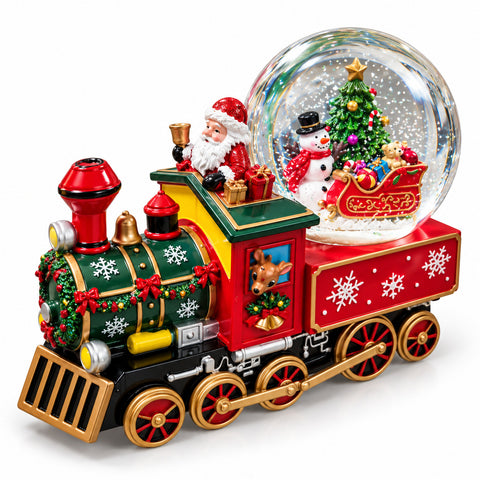 Vánoční hrací skříňka s lokomotivou a skleněnou sněhovou koulí, Santa Claus ve vlaku, mechanické natahování, rozměry 22x13x17,5 cm