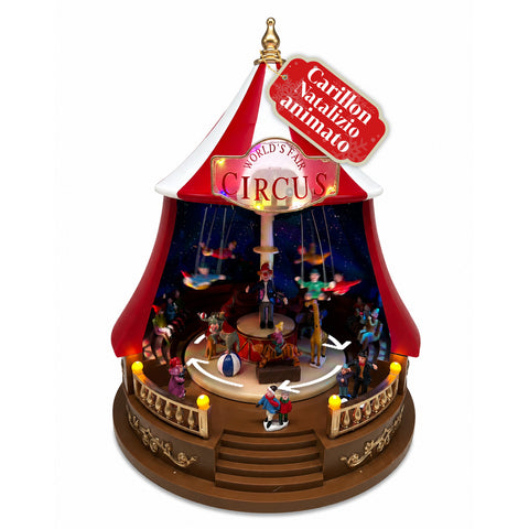 Animovaný vánoční kolotoč Carillon Natalizio Animato CircoJoy s LED světly a hudbou, cirkusový stan Ø34 x H44 cm z plastu, otáčivá scéna, napájení přes USB nebo baterie