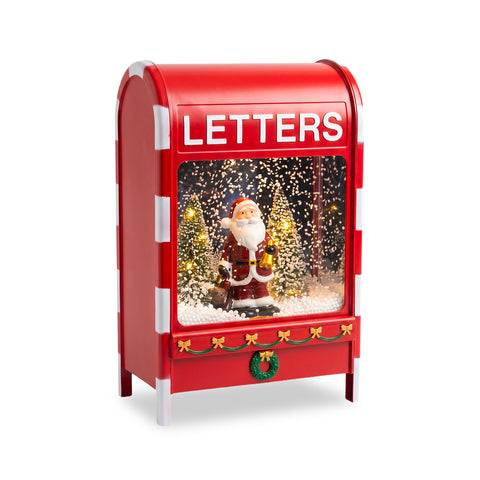 Svítící vánoční poštovní schránka s efektem sněžení, hudbou a LED světly, plastová dekorace s motivem Santa Clause 24x15x37 cm, na baterie nebo USB