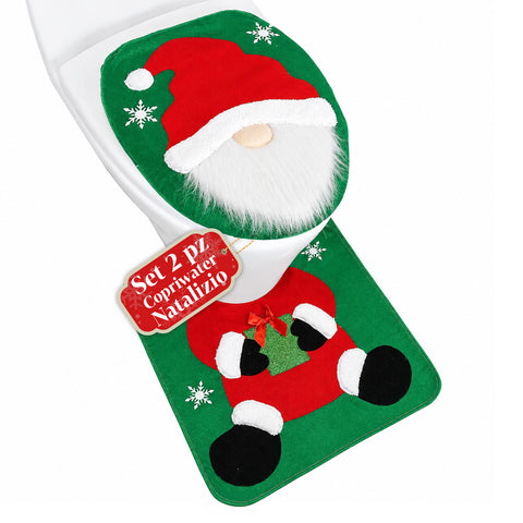 Vánoční sada poklopu na toaletu, 2 kusy, Santa Claus se zelenou předložkou