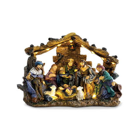 Vánoční betlém HolyGlow z polyresinu s LED světly a vypínačem ON/OFF, rustikální chýše a stabilní podstavec, 23x11,5x17 cm