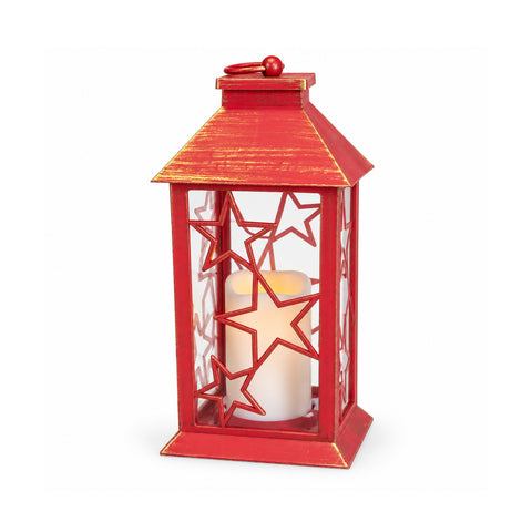 Červená vánoční LED lucerna 30 cm, svíčka s efektem plamene, k zavěšení nebo postavení, 14x14x30 cm, 2 dostupné dekorace: hvězdy nebo sněhové vločky