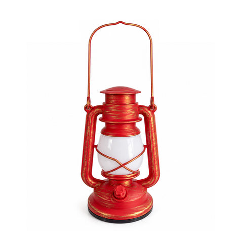Červená vánoční LED lucerna s efektem plamene a vánoční hudbou, háčkem na zavěšení a zlatými detaily, dekorace 15x11x25 cm
