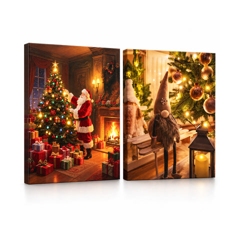 Vánoční obrazy s LED světly, sada 2 kusů, 30x40 cm: Santa Claus, sobi, skřítek a stromky, které svítí, na baterie s vypínačem