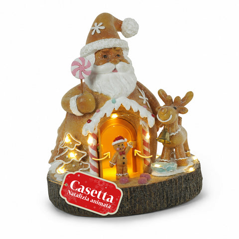 Santa Ginger - vánoční dekorace Santa Clause ve tvaru perníku s LED světly, hudbou a otevíracími dvířky, svítící domeček z pryskyřice 20,6 cm