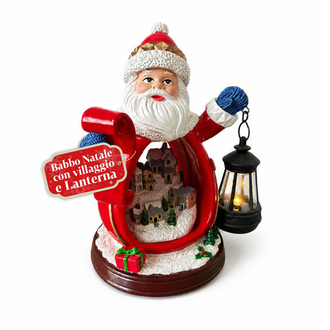 Figurka Santa Clause s vesničkou a lucernou z pryskyřice 16x19 cm