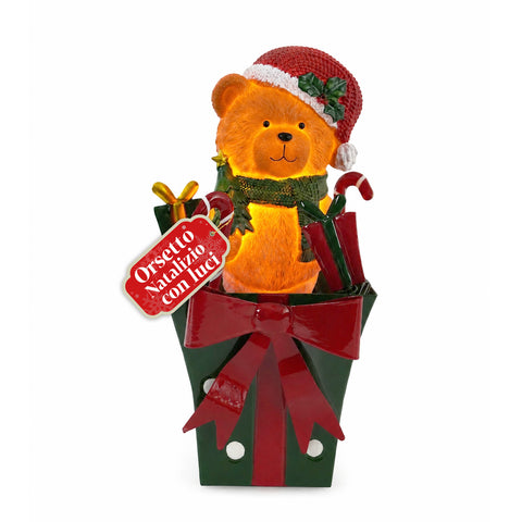Teddy BearGift, svítící vánoční medvídek v dárkové krabičce, teplé LED světlo, rozměry 15x15x25,5 cm, napájení bateriemi