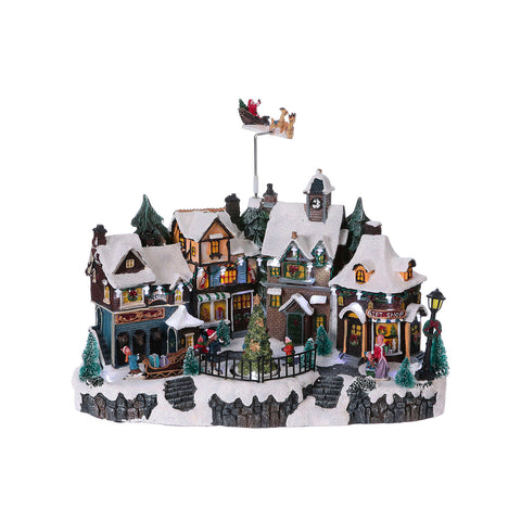 Animovaná vánoční vesnička Helsinki s LED světly a vánoční hudbou, zasněžené domky z polyresinu, zimní dekorace 22,5x32,5x21,5 cm