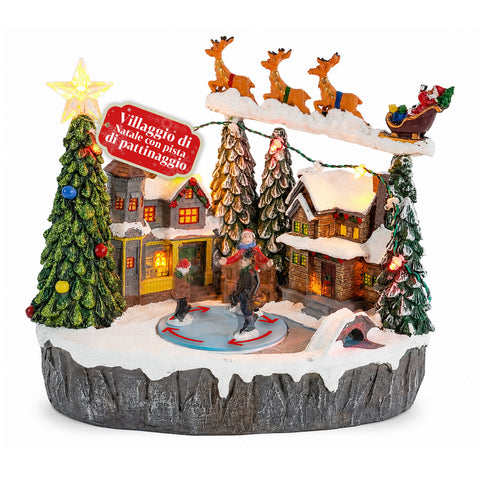 Osvětlená vánoční vesnička Snowtime s animovaným kluzištěm, LED světly a hudbou, saněmi Santa Clause, polyresin 21,5x15,8x22,5 cm