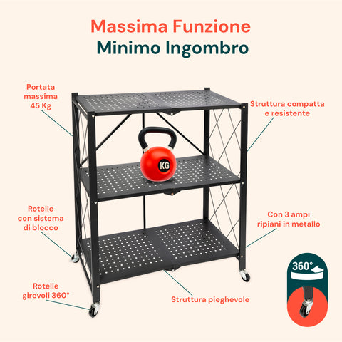 avilia scaffale multiuso pieghevole nero con 3 ripiani in metallo resistente ean 8015361267650