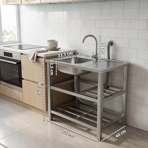 avilia home lavello multifunzione in acciaio inox con fontana lavandino con vasca gocciolatoio e doppia mensola reversibile dxsx 75x40x80 cm ean 8056244083189