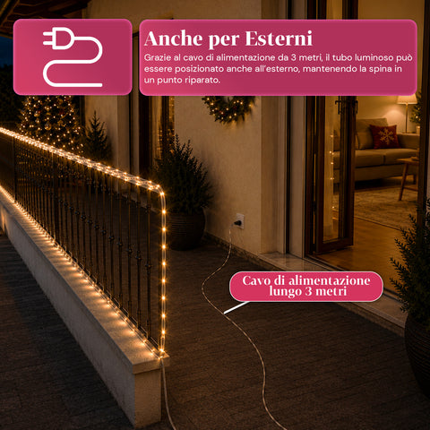 saint joy tubo luminoso led 10 m con 180 led bianco caldo e 8 giochi di luce ean 8050043128553