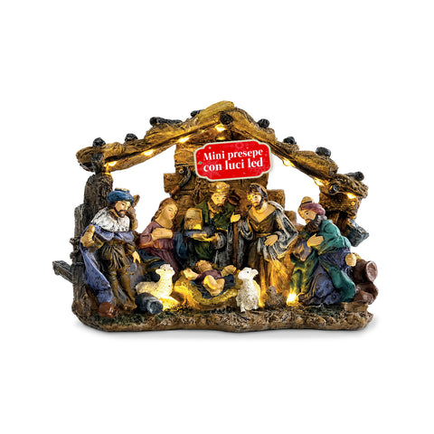 Vánoční betlém HolyGlow z polyresinu s LED světly a vypínačem ON/OFF, rustikální chýše a stabilní podstavec, 23x11,5x17 cm