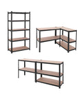 Scaffale 5 ripiani KOMBO in acciaio verniciato nero e MDF laminato effetto legno, portata 875kg, diverse configurazioni modulari